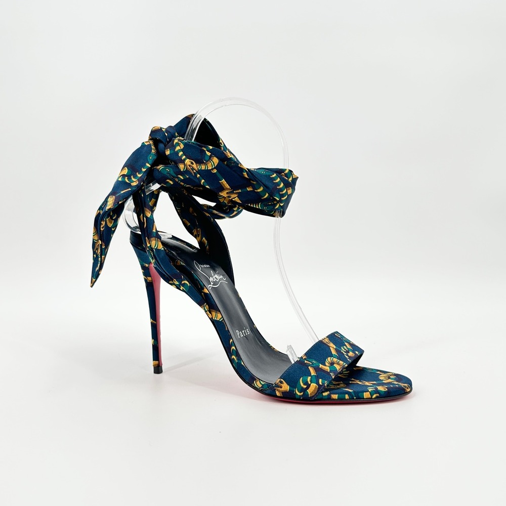 Christian Louboutin Sandale Du Desert 100 Chain Snake Navy Satin Stilettos 38.5
